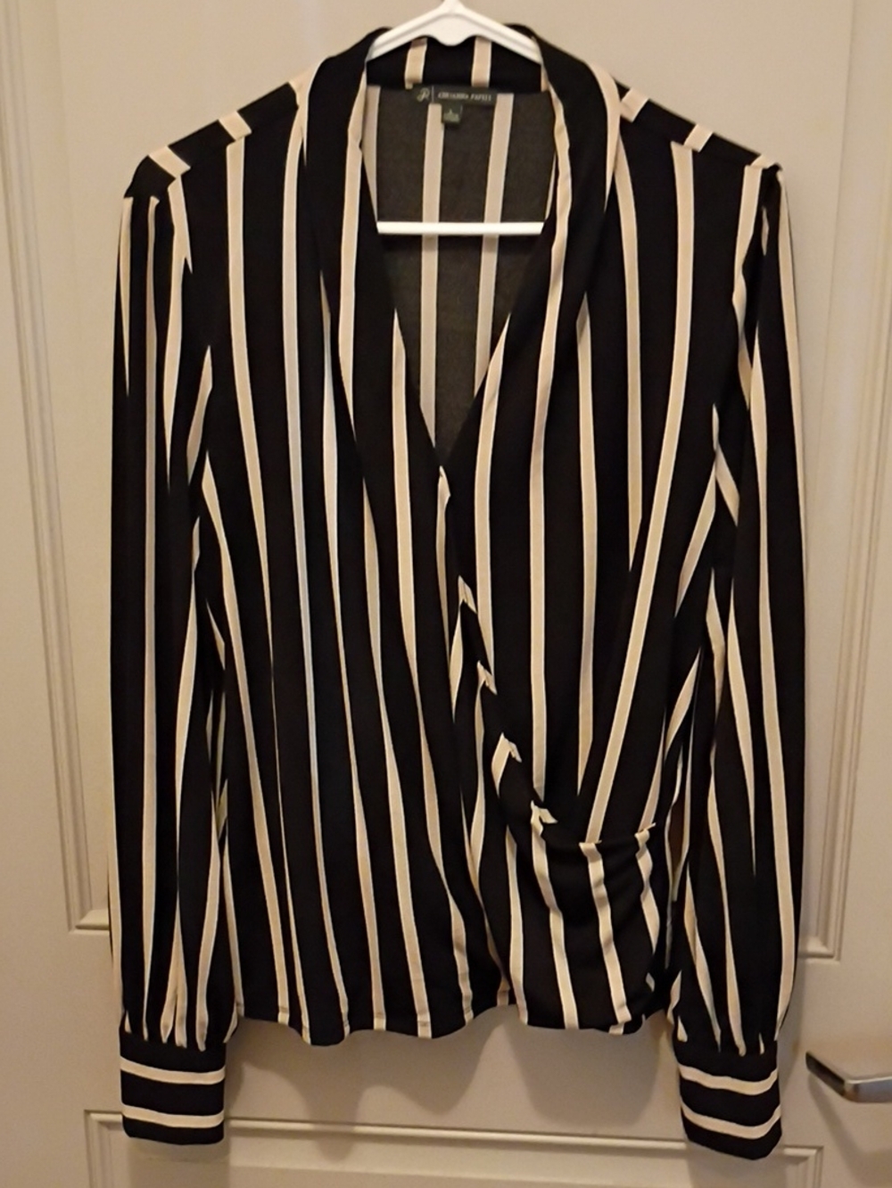 Adrianna Papell Black & Cream Vertical-Stripe Wrap Blouse Size L